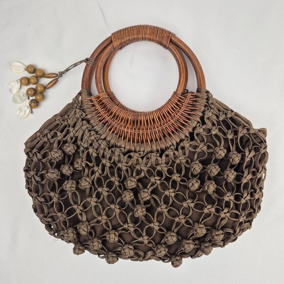 Coldwater Creek Chocolate Brown Macrame Woven Wood Double Hoop Handle Bag - Picture 2 of 14